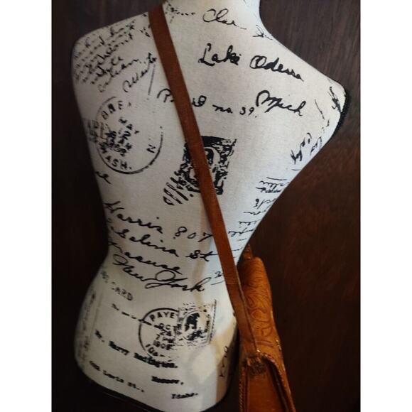 Vintage Large Leather Hand Tooled Brown Shoulder Bag Purse Tri fold Organizer - Picture 6 of 16